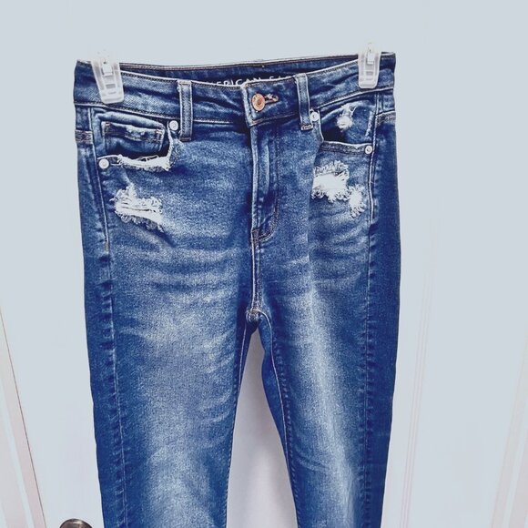 American Eagle Mom Jean-Stretch-Distressed-Skinny/Ankle Denim-Size 00-Blue/White - Picture 4 of 16